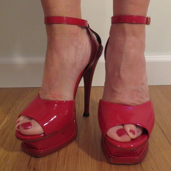 Red Saint Laurent Ankle Strap Platform Sandals - Picture 1 of 8